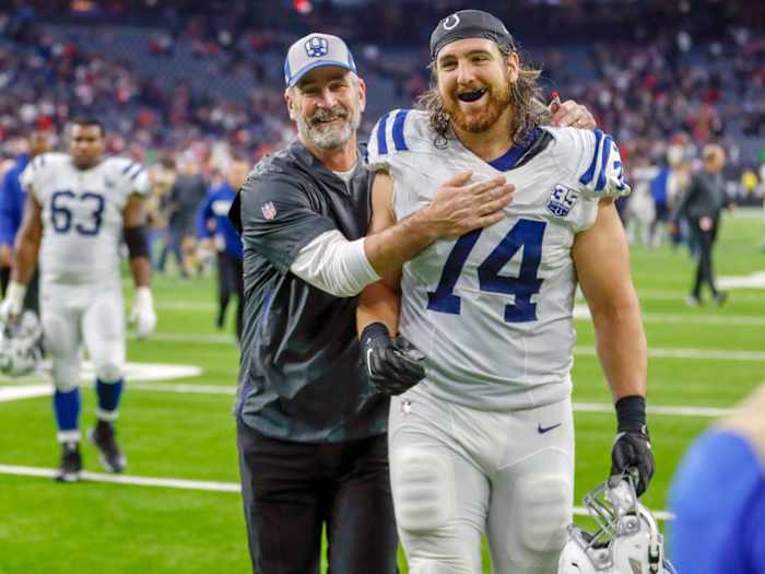 Indianapolis Colts head coach Frank Reich (left) congratulates offensive left tackle Anthony Castonzo after a 2018 win at Houston.
